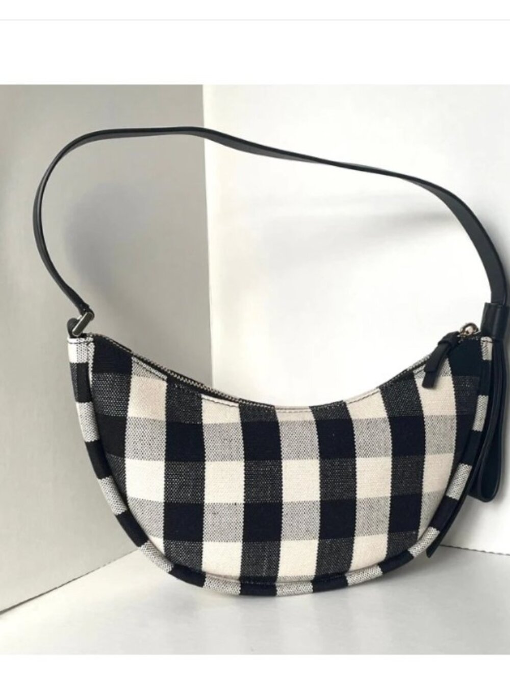 Kate Spade Smile Small Gingham Shoulder Bag Black Check Leather Trim - Picture 3 of 15